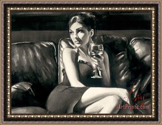 Fabian Perez Tess on Leather Couch with Red Wine Framed Print