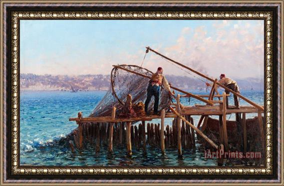 Fausto Zonaro Fishermen Bringing in The Catch Framed Painting