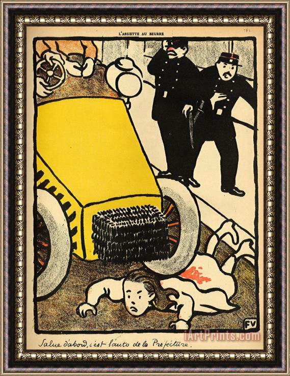Felix Edouard Vallotton A police car runs over a little girl Framed Print