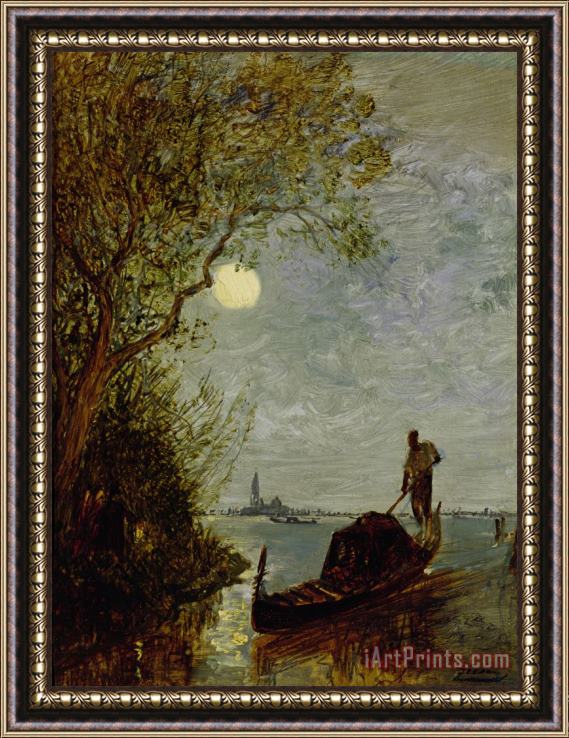 Felix Ziem Moonlit Scene with Gondola Framed Painting