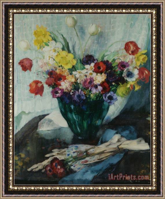 Fernand Toussaint Vase De Fleurs Et Rideau Blanc Framed Painting