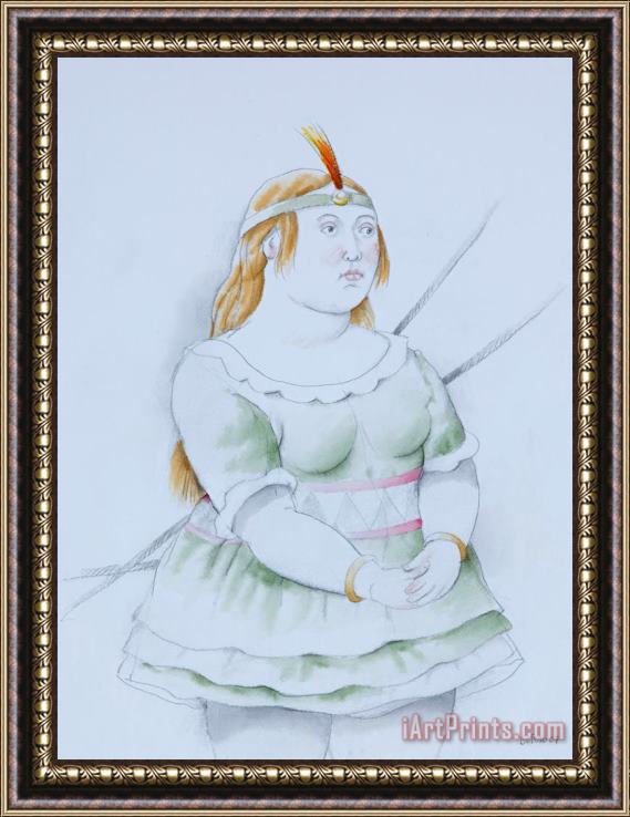Fernando Botero Dancer with Green Tutu And with an Orange Plumed Headband, 2007 Framed Painting