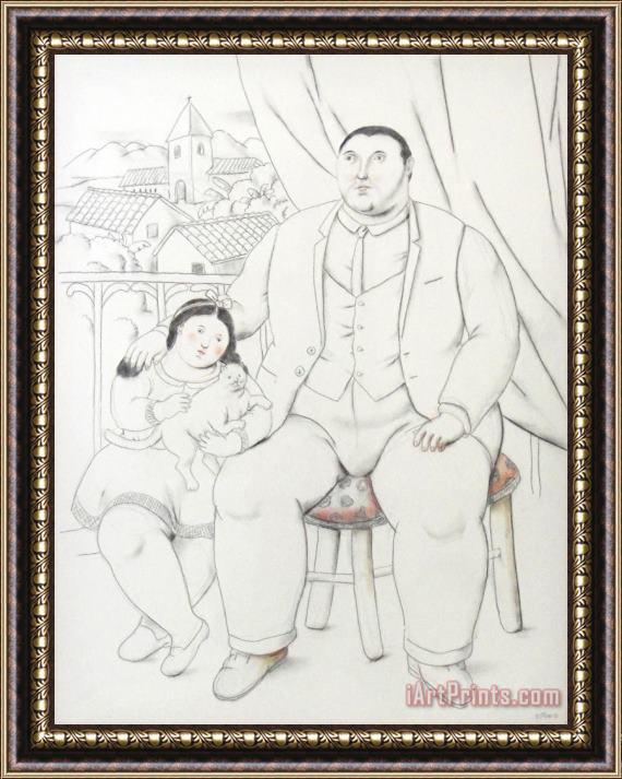 Fernando Botero Man with Little Girl And Cat, 2013 Framed Painting