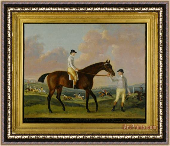 Francis Sartorius Portrait of Henry Comptons Race Horse Cottager Held by a Groom with Jockey And a Race Beyond Framed Painting