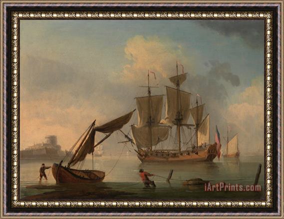 Francis Swaine An English Sloop Becalmed Near The Shore Framed Print