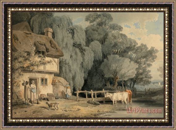 Francis Wheatley Country Scene Figures by a Cottage Door And Cattle in a Stream Framed Print