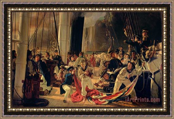 Francois Auguste Biard On the deck during a sea battle Framed Print