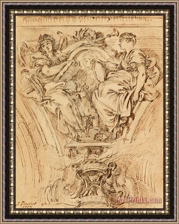 Francois Boucher Spandrel Decoration Fame And Truth Applauding Louis Xv Framed Painting