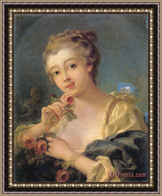 Francois Boucher Young Woman with a Bouquet of Roses Framed Painting
