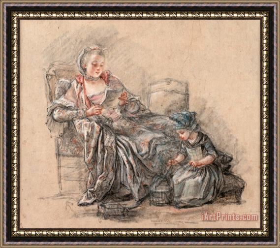 Francois Guerin Woman Reading And a Girl Playing (presumably The Marquise De Pompadour with Her Daughter Alexandrine), 1748 Framed Painting