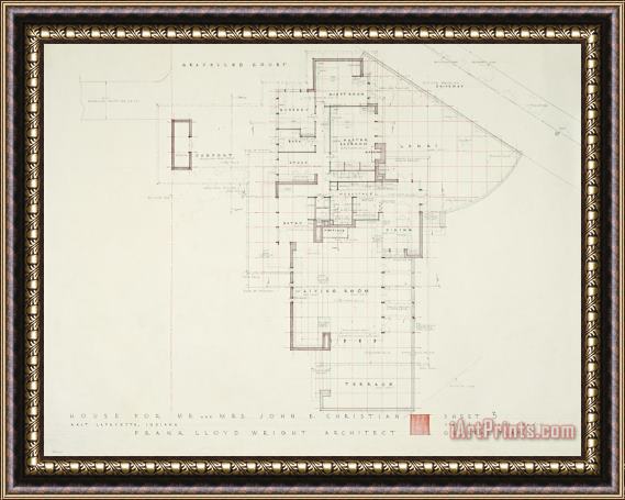 Frank Lloyd Wright John E. Christian House (general Plan), West Lafayette, Indiana. Framed Painting