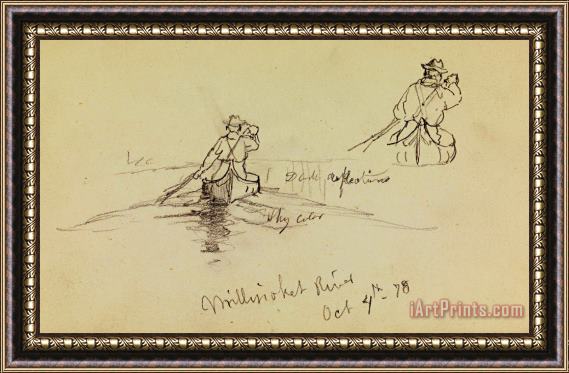 Frederic Edwin Church Studies of Man Paddling Canoe on Millinocket River Framed Painting
