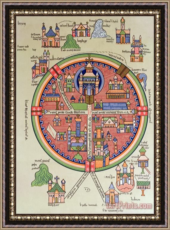 French School Ancient Map of Jerusalem and Palestine Framed Painting