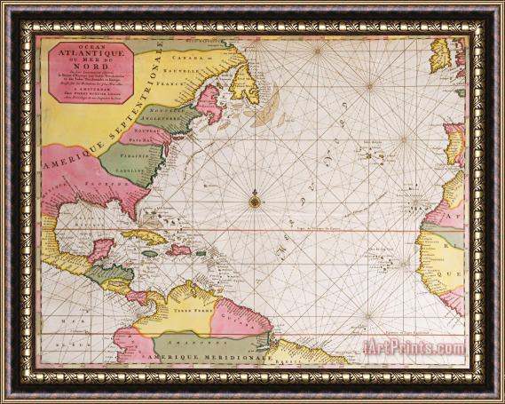 French School Map Of The Atlantic Ocean Showing The East Coast Of North America The Caribbean And Central America Framed Print