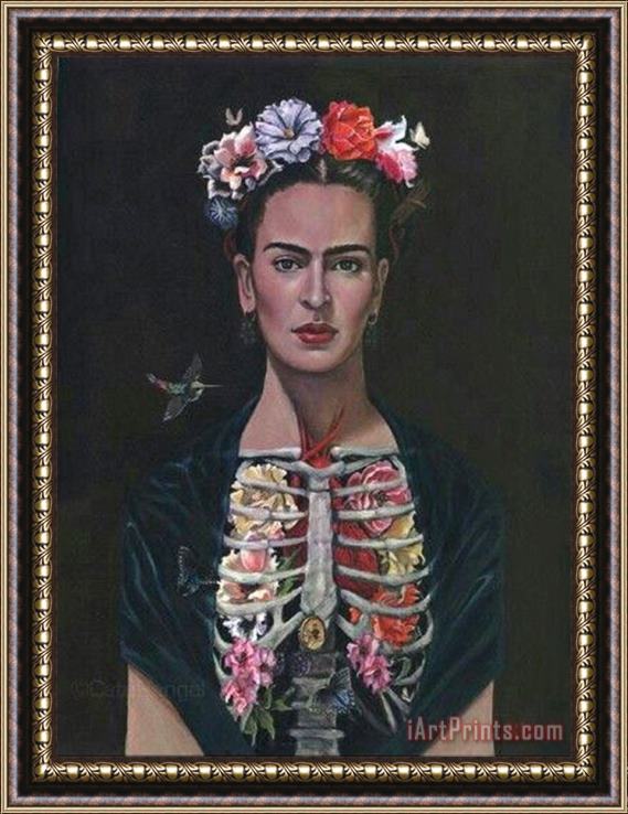 Frida Kahlo Rib Cage Flowers And Red Lips Framed Painting