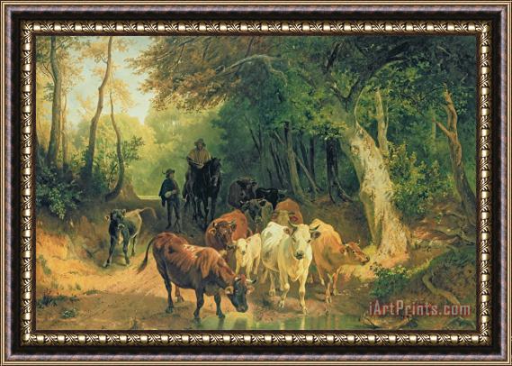 Friedrich Johann Voltz Cattle Watering In A Wooded Landscape Framed Print