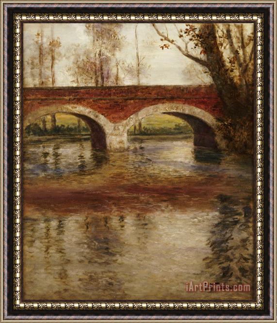 Fritz Thaulow A River Landscape with a Bridge Framed Painting