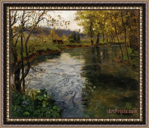 Fritz Thaulow Landscape with Cows by a Stream Framed Print