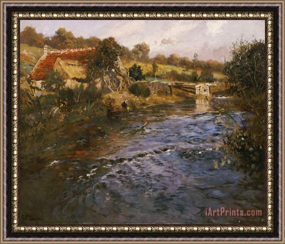 Fritz Thaulow River Landscape with a Washerwoman Framed Painting