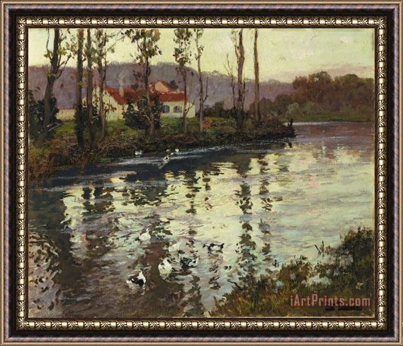 Fritz Thaulow River Landscape with Ducks Framed Print