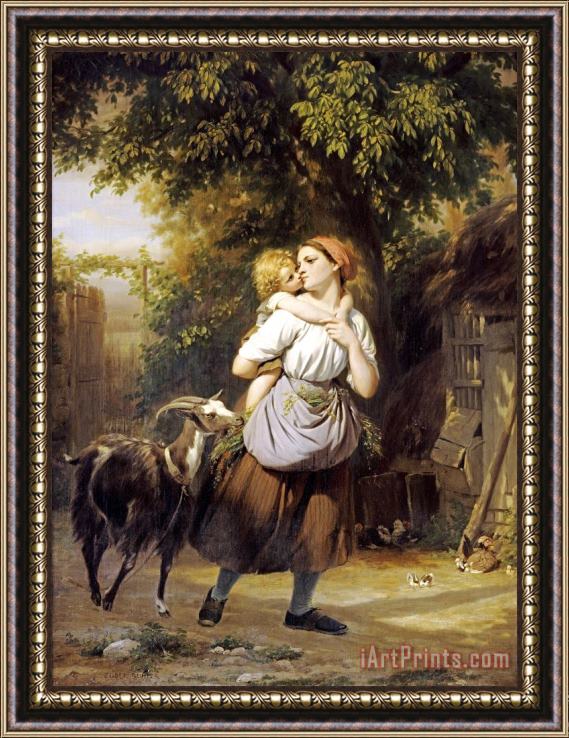 Fritz Zuber-Buhler A Mother And Child with a Goat on a Path Framed Painting