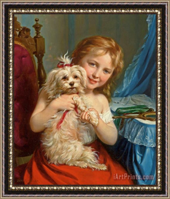 Fritz Zuber-Buhler Young Girl with Bichon Frise Framed Painting