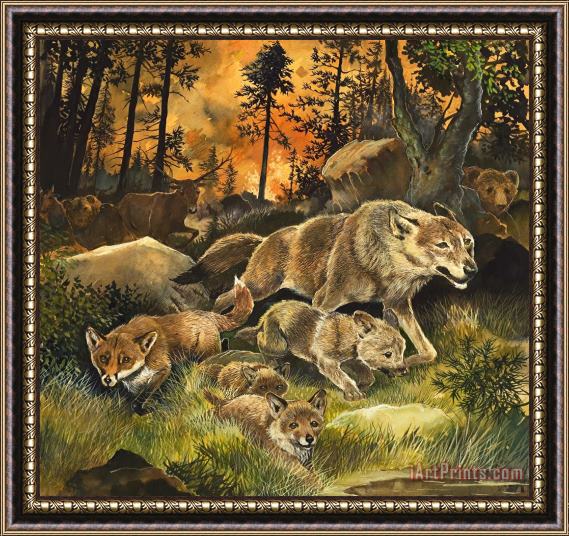 G W Backhouse Animals United in Terror as They Flee from a Forest Fire Framed Print