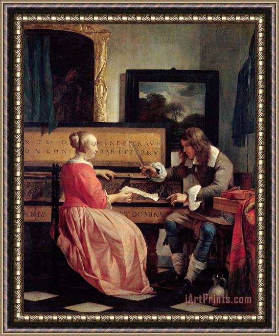 Gabriel Metsu A Man and a Woman Seated by a Virginal Framed Painting