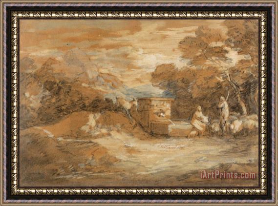 Gainsborough, Thomas Mountain Landscape with Figures, Sheep And Fountain Framed Painting