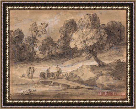Gainsborough, Thomas Wooded Landscape with Figures on Horseback Crossing a Bridge Framed Print