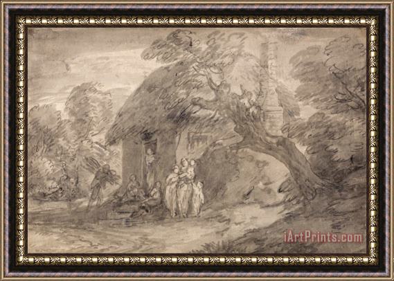 Gainsborough, Thomas Wooded Landscape with Figures Outside a Cottage Door Framed Print