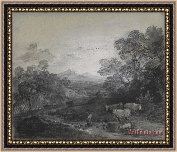 Gainsborough, Thomas Wooded Landscape with Herdsmen And Cattle, Buildings on a Hill, And Rustic Lovers Framed Painting