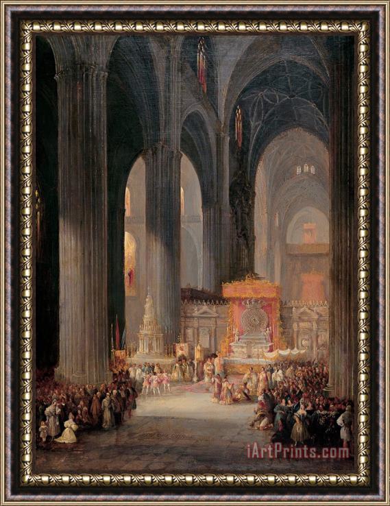 Genaro Perez Villaamil The Corpus Christi Procession Inside Seville Catedral Framed Painting
