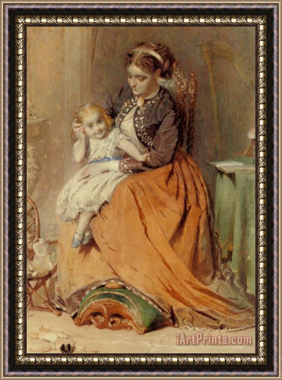 George Elgar Hicks A Girl Listening to The Ticking of a Pocket Watch While Sitting on Her Mothers Lap Framed Print