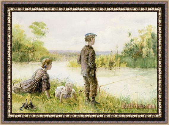 George Goodwin Kilburne Children Fishing By A Stream Framed Print