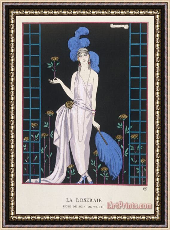 Georges Barbier Asymmetrical Evening Gown by Worth with a Low Diagonal Waistline And a Long Flowing Train Framed Print