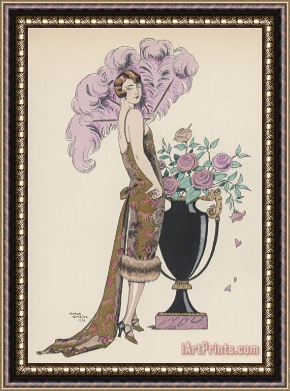 Georges Barbier Frock Fur And Feather Fan Framed Print