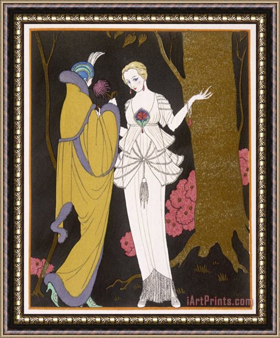 Georges Barbier Mantle with a Yoke Voluminous Sleeves And Fur Trim And Close Fitting Hat with Aigrette Framed Painting