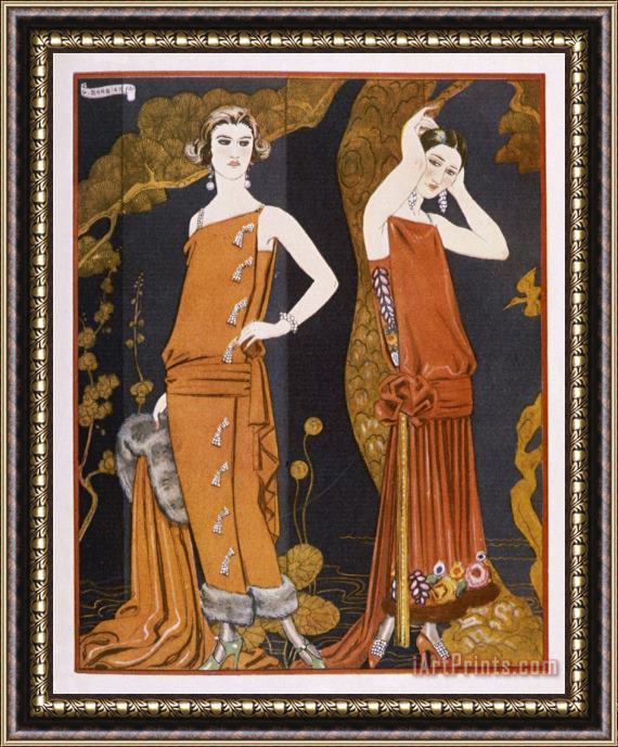 Georges Barbier Orientally Inspired Gowns by Worth in Lacquer Reds Framed Painting