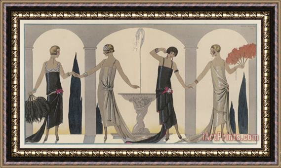 Georges Barbier Sensually Draped Dresses with Narrow Beaded Straps Square Necklines And Detailing Over One Hip Framed Print