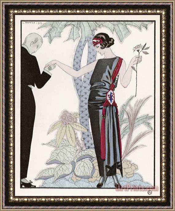 Georges Barbier Sleeveless Slash Neck Chinese Or Orientally Inspired Black Dress by Worth with Red Tassel Detail Framed Print
