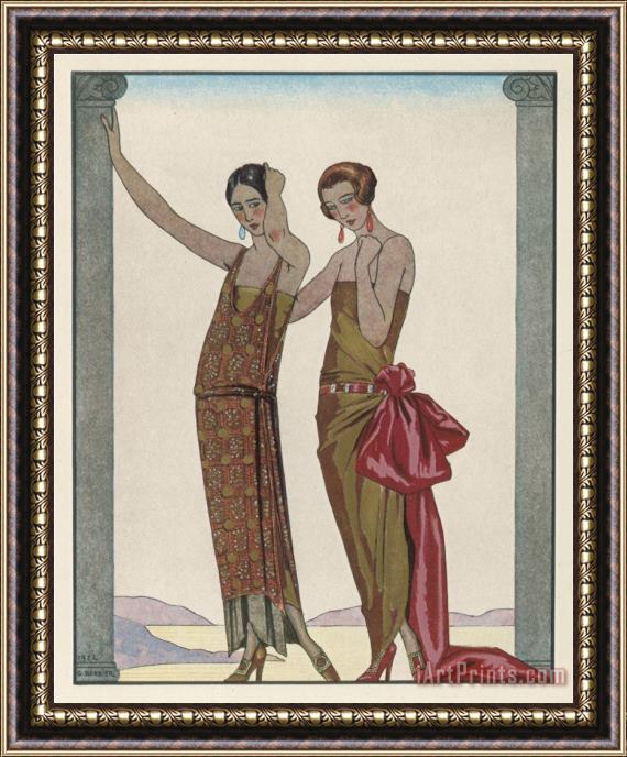 Georges Barbier Strapless Gold Dress Draped Up Over One Hip And Tied with a Large Sash Bow Which Creates a Train Framed Print