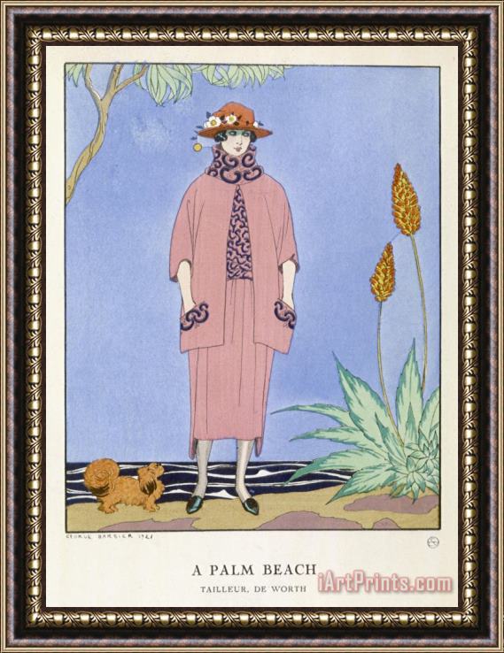 Georges Barbier Tailored Suit by Worth in Salmon Pink And Black Framed Painting