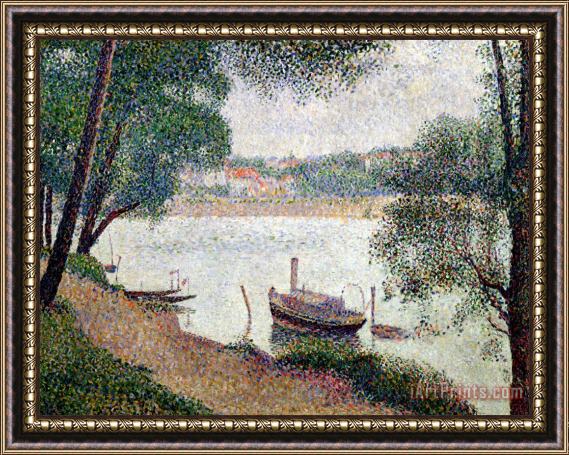 Georges Pierre Seurat River Landscape With A Boat Framed Painting
