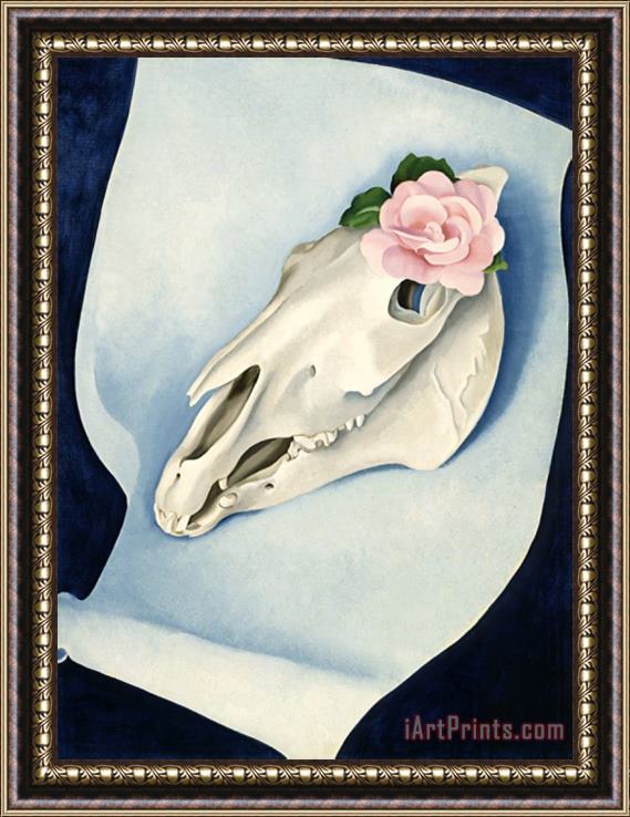 Georgia O'keeffe Horse's Skull with Pink Rose Framed Painting