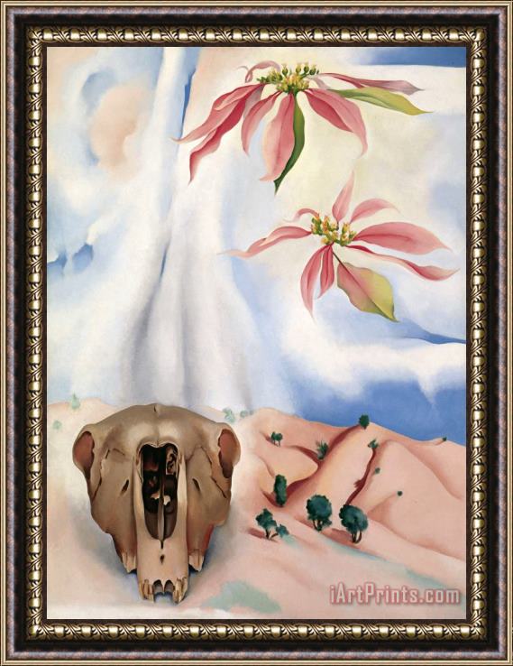 Georgia O'keeffe Mule's Skull with Pink Poinsettias Framed Painting