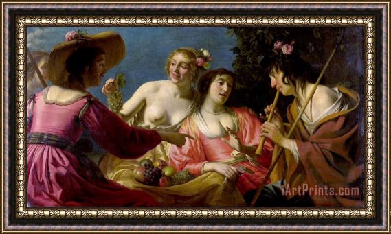 Gerard Van Honthorst Flute Playing Shepherd with Four Nymphs Framed Painting