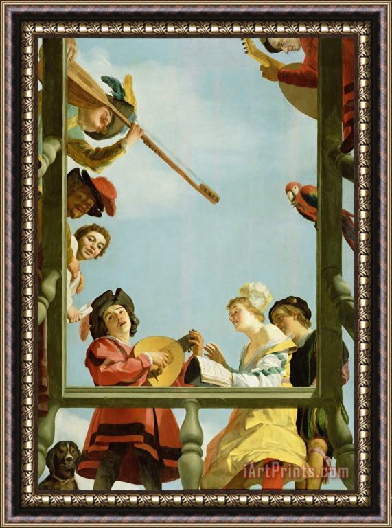Gerard Van Honthorst Musical Group on a Balcony Framed Painting