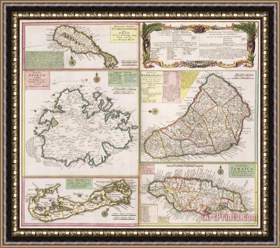 German School Old Map of English Colonies in the Caribbean Framed Print