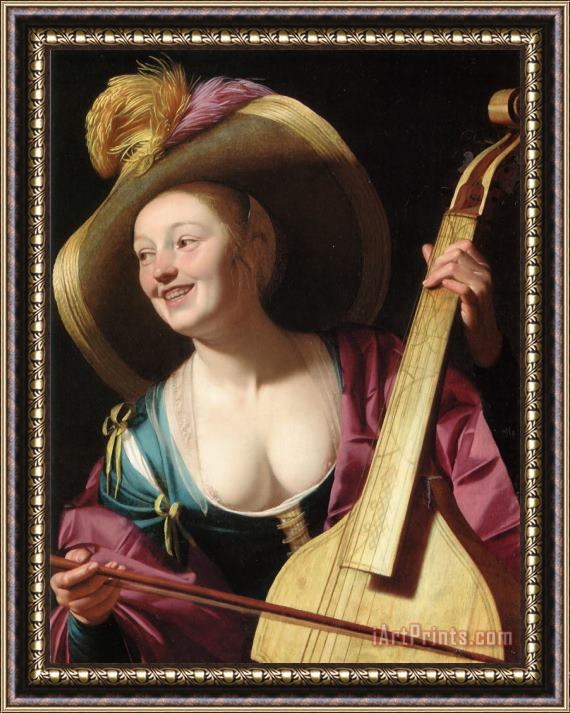 Gerrit van Honthorst A Young Woman Playing a Viola Da Gamba Framed Painting
